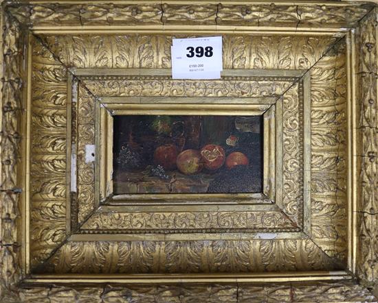 W. Morey, oil on wooden panel, still life of fruit on a ledge, signed and dated 1815, 7 x 13cm